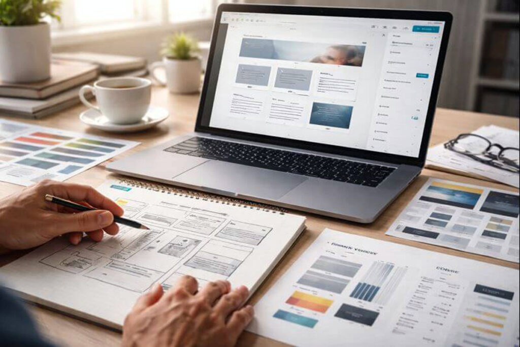 Custom WordPress website design planning with wireframes and layout blocks