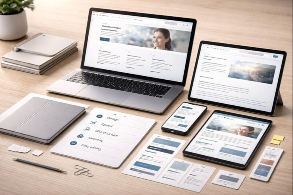 Responsive WordPress website deliverables including design, SEO structure, and speed