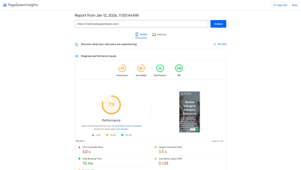 marinesalvageantiques pagespeed test result