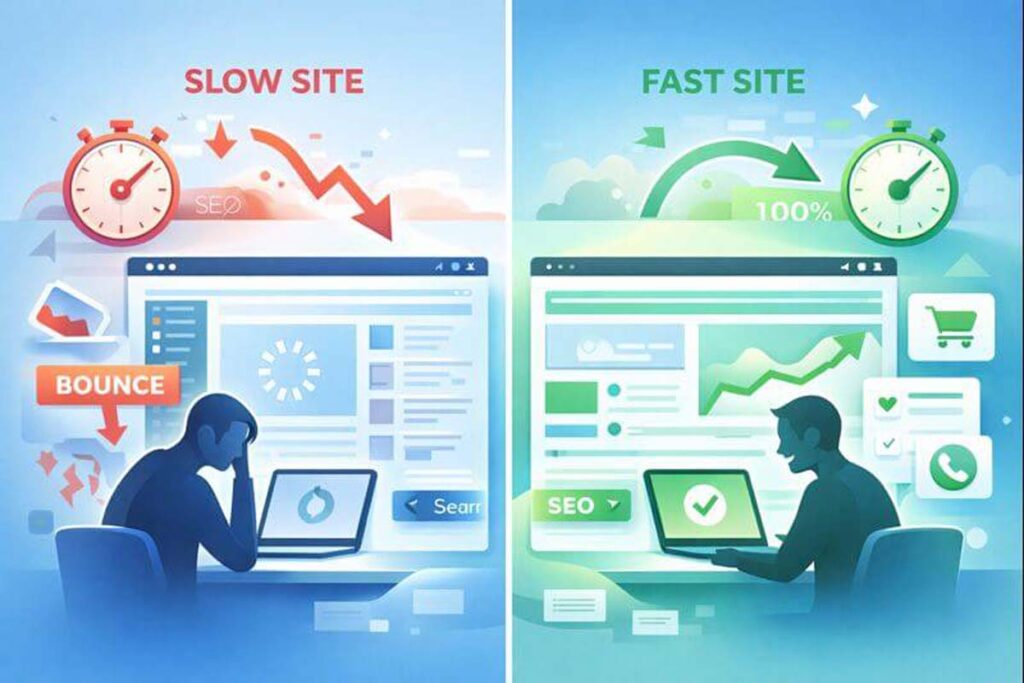 Split-screen showing how a slow website hurts SEO and bounce rate while a fast site improves rankings and conversions