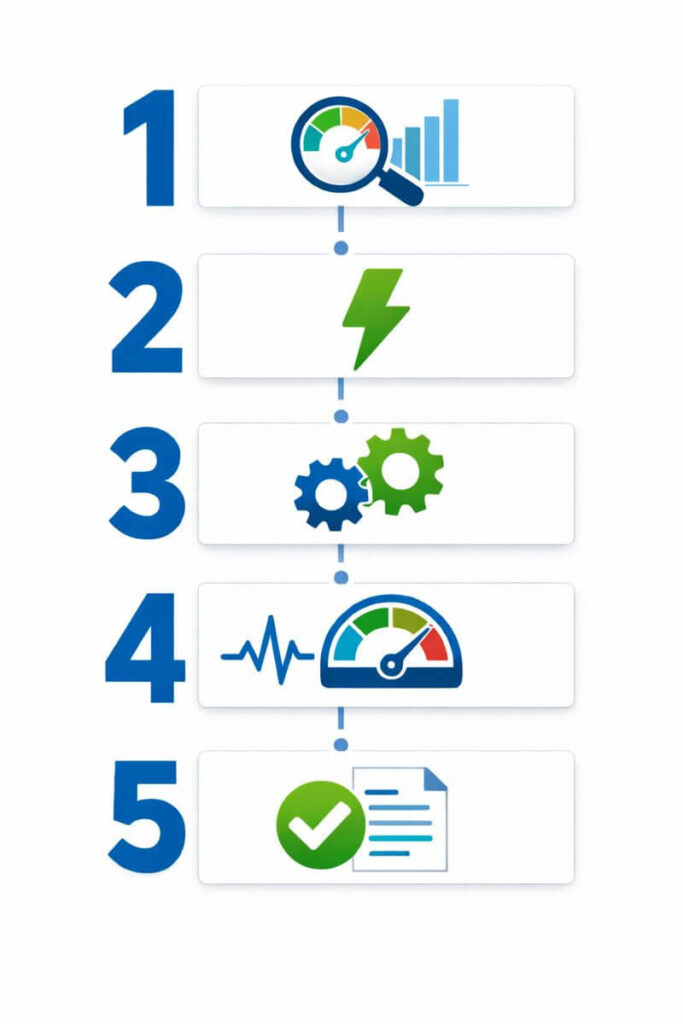 WordPress speed optimization process infographic showing 5 steps: audit, quick wins, deep optimization, Core Web Vitals tuning, and final testing