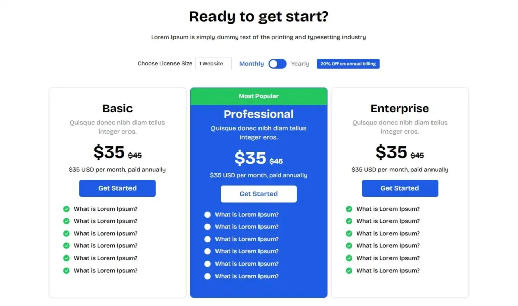 License Sizes pricing table