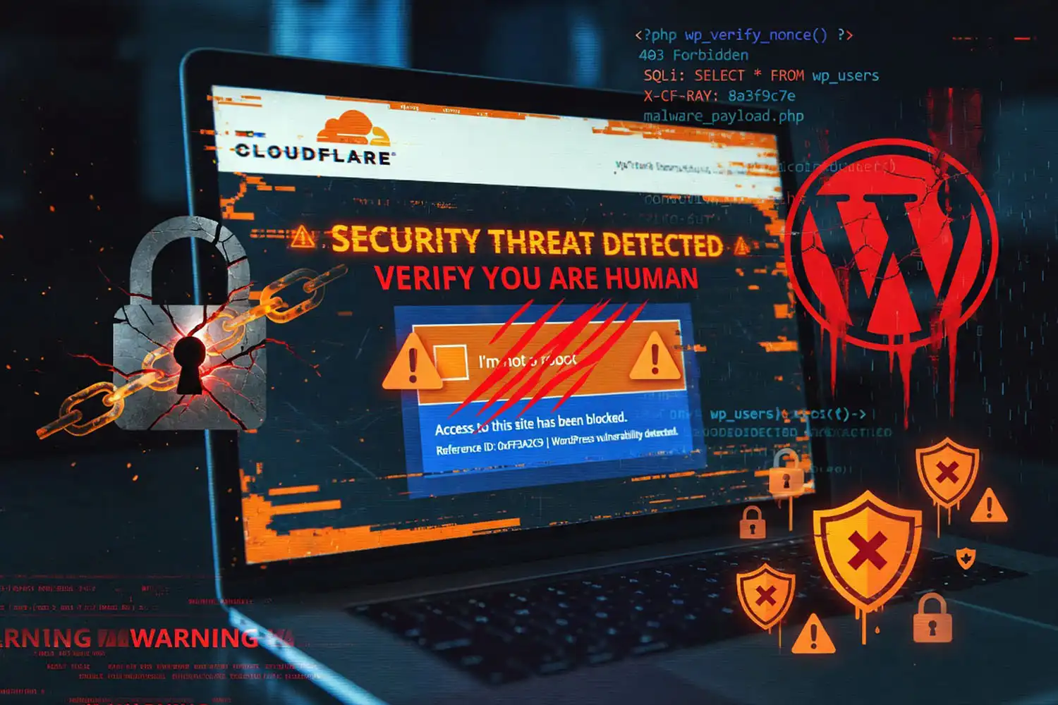 Fake Cloudflare verification page malware attack on a WordPress site