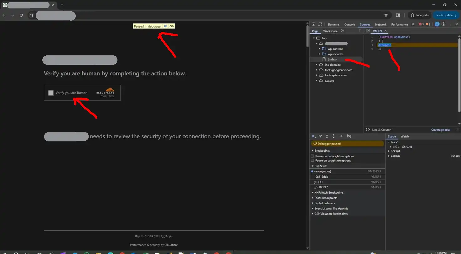 Fake Cloudflare verifying page showing on a hacked WordPress site